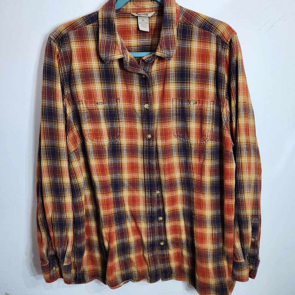Duluth Trading Co Button Up Women XL Orange Plaid Cotton Flannel Long Sleeve